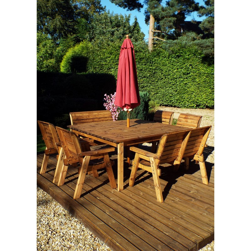 Scandinavian Redwood Garden Patio Dining Set by Charles Taylor - 8 Seats Burgundy Cushions - Croft Home & Garden