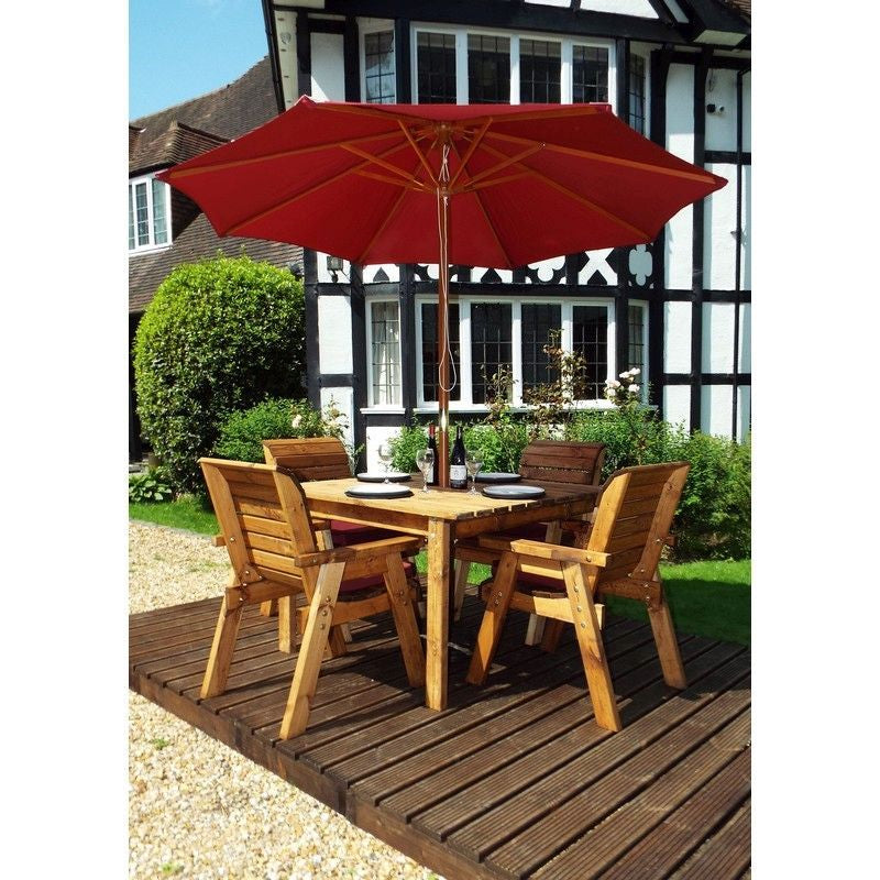 Scandinavian Redwood Garden Patio Dining Set by Charles Taylor - 4 Seats Burgundy Cushions - Croft Home & Garden