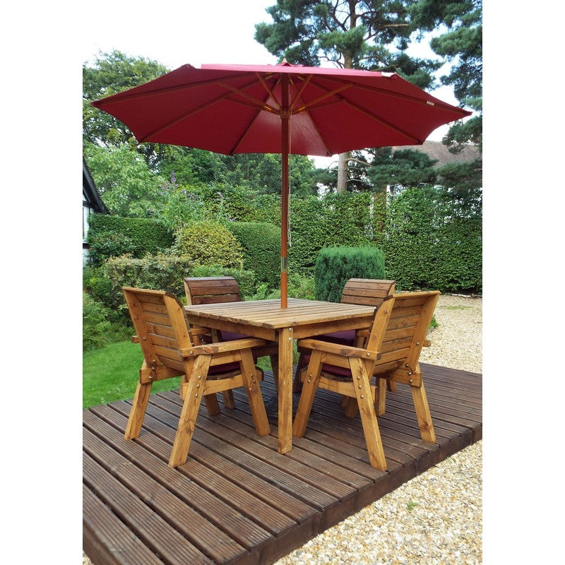 Scandinavian Redwood Garden Patio Dining Set by Charles Taylor - 4 Seats Burgundy Cushions - Croft Home & Garden