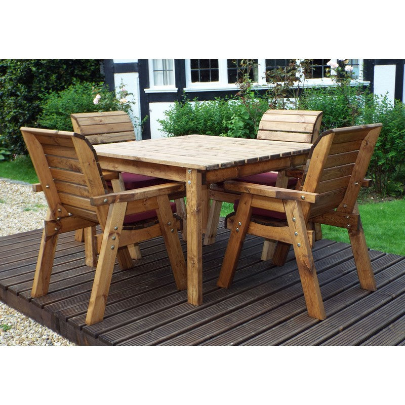 Scandinavian Redwood Garden Patio Dining Set by Charles Taylor - 4 Seats Burgundy Cushions - Croft Home & Garden