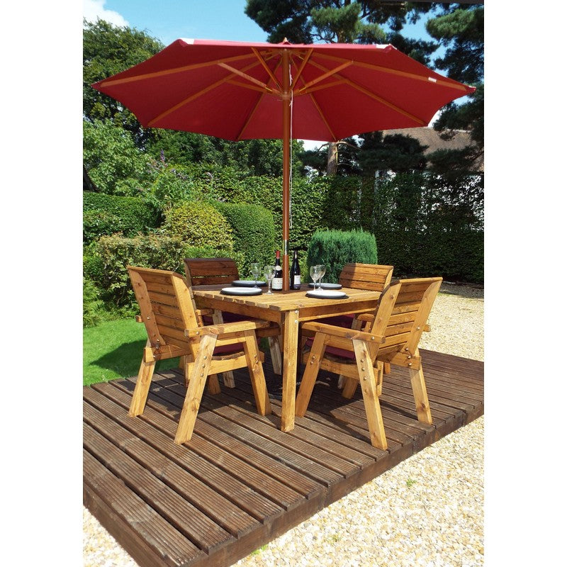 Scandinavian Redwood Garden Patio Dining Set by Charles Taylor - 4 Seats Burgundy Cushions - Croft Home & Garden