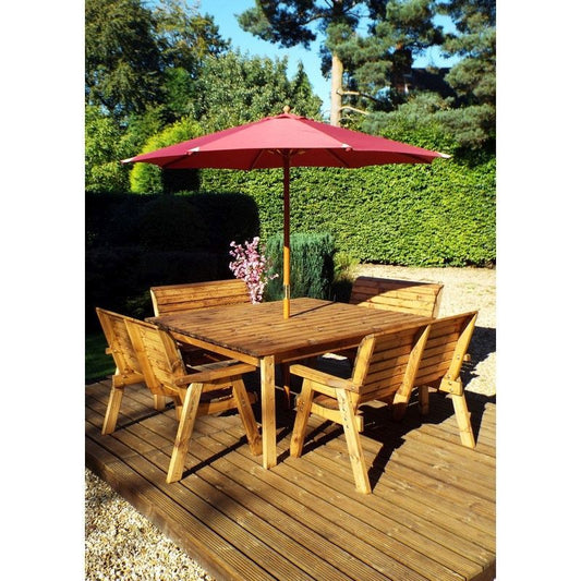 Scandinavian Redwood Garden Patio Dining Set by Charles Taylor - 8 Seats Burgundy Cushions - Croft Home & Garden