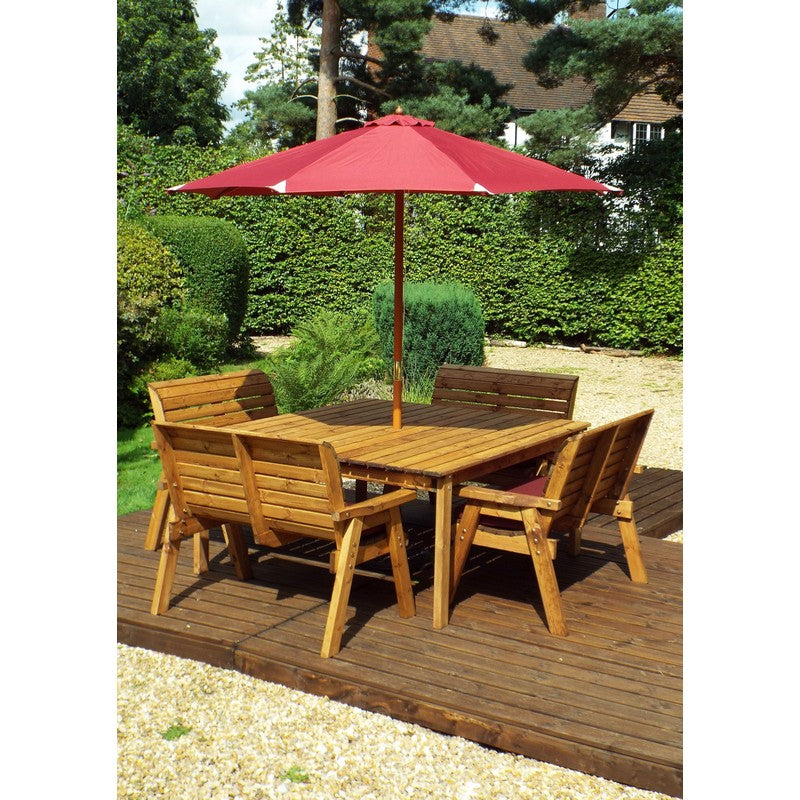 Scandinavian Redwood Garden Patio Dining Set by Charles Taylor - 8 Seats Burgundy Cushions - Croft Home & Garden