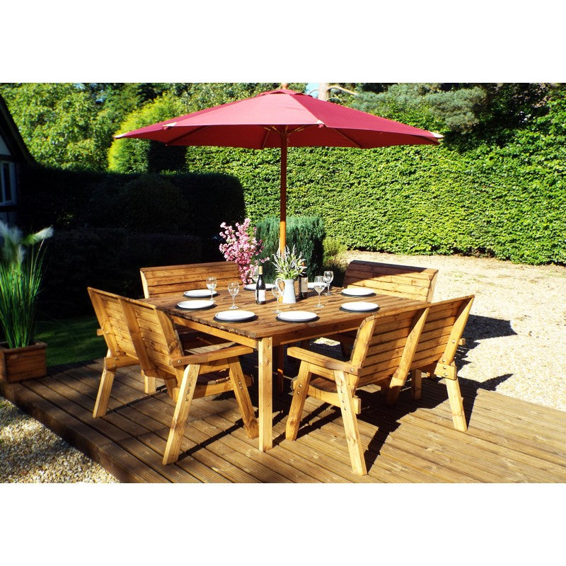 Scandinavian Redwood Garden Patio Dining Set by Charles Taylor - 8 Seats Burgundy Cushions - Croft Home & Garden