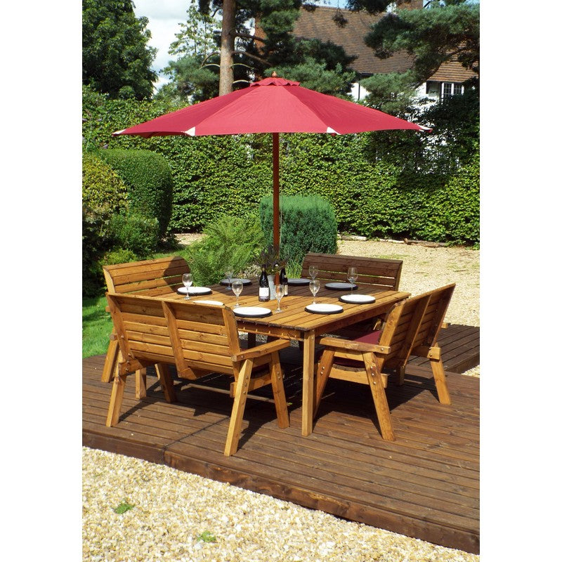 Scandinavian Redwood Garden Patio Dining Set by Charles Taylor - 8 Seats Burgundy Cushions - Croft Home & Garden