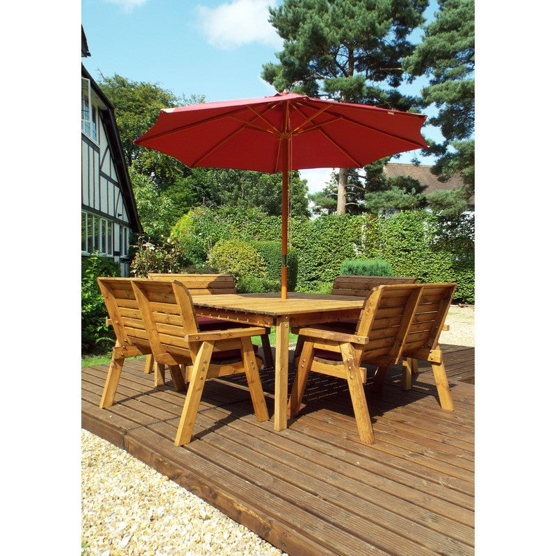 Scandinavian Redwood Garden Patio Dining Set by Charles Taylor - 8 Seats Burgundy Cushions - Croft Home & Garden