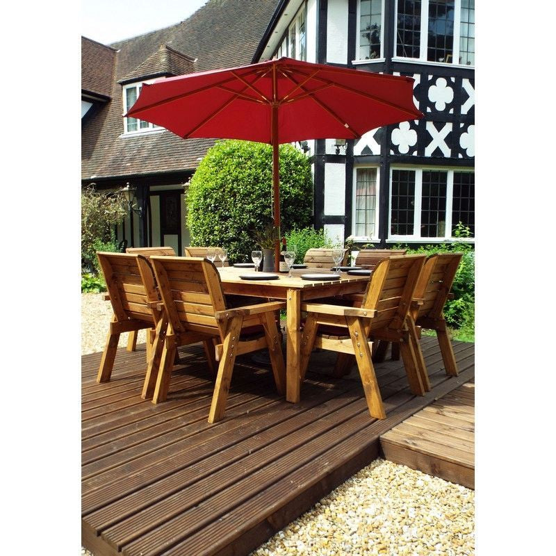 Scandinavian Redwood Garden Patio Dining Set by Charles Taylor - 8 Seats Burgundy Cushions - Croft Home & Garden