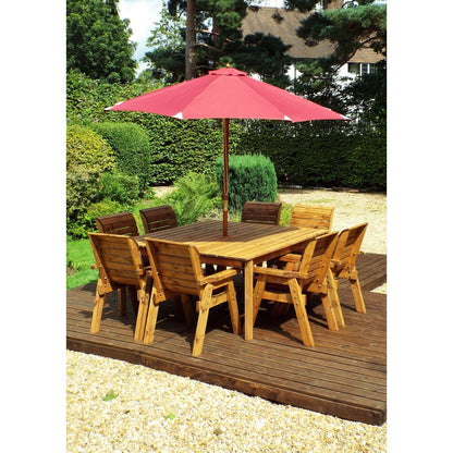 Scandinavian Redwood Garden Patio Dining Set by Charles Taylor - 8 Seats Burgundy Cushions - Croft Home & Garden