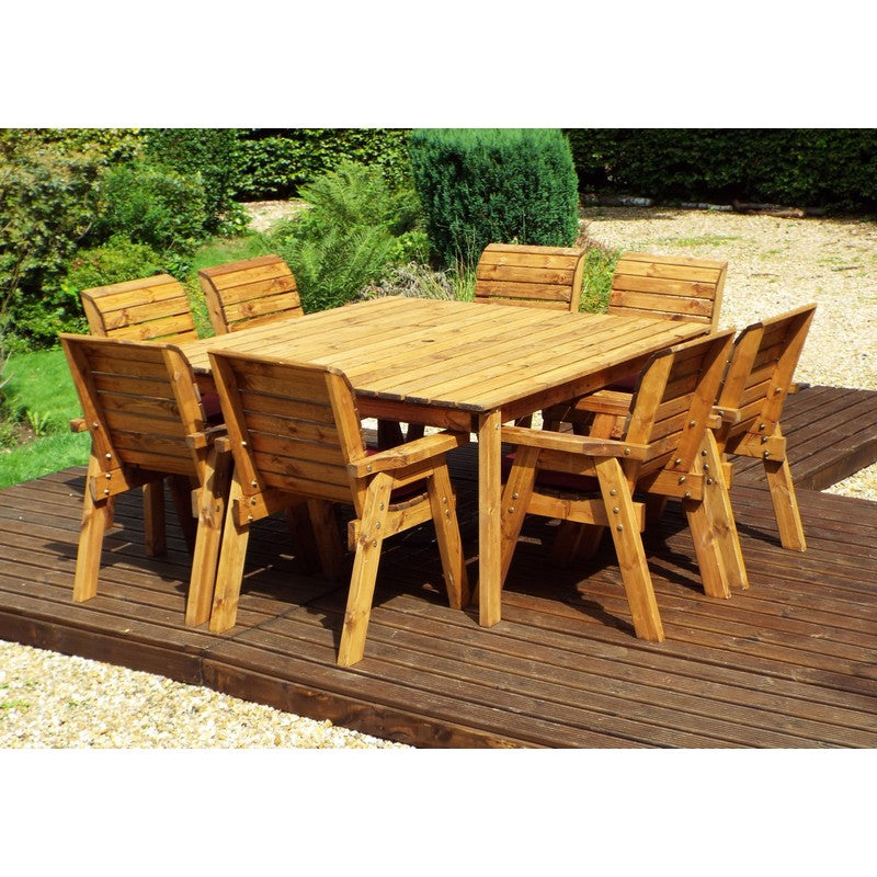 Scandinavian Redwood Garden Patio Dining Set by Charles Taylor - 8 Seats Burgundy Cushions - Croft Home & Garden