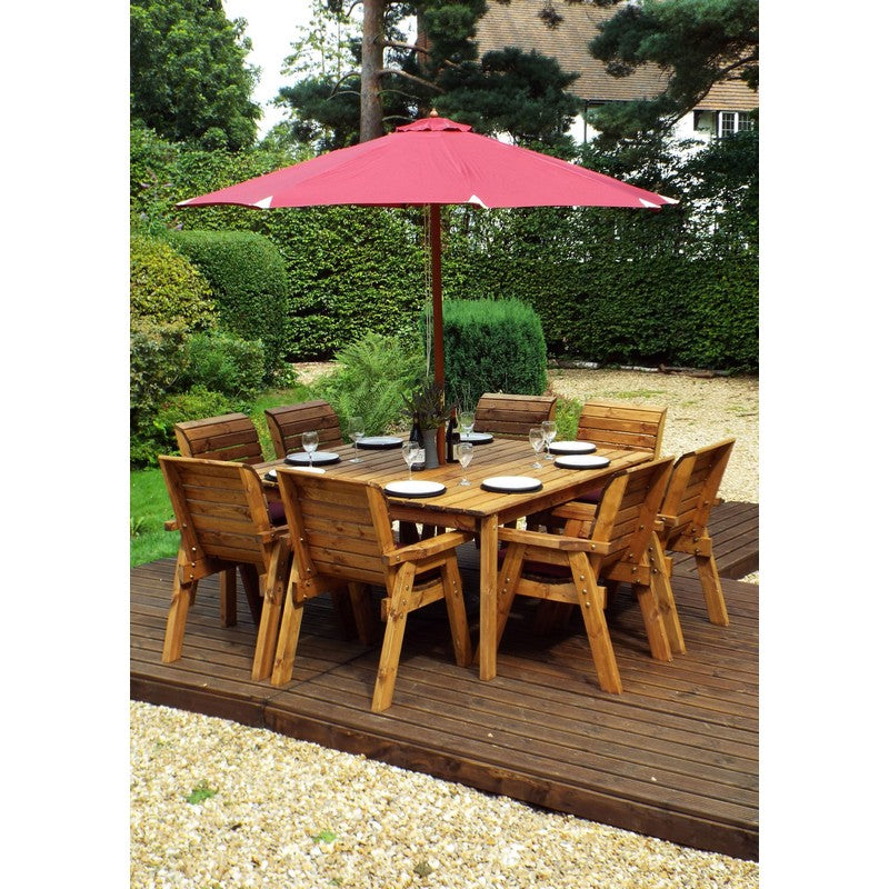 Scandinavian Redwood Garden Patio Dining Set by Charles Taylor - 8 Seats Burgundy Cushions - Croft Home & Garden