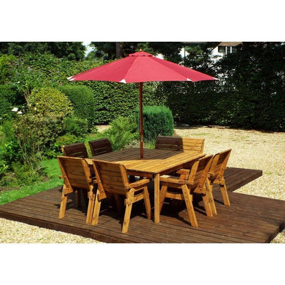 Scandinavian Redwood Garden Patio Dining Set by Charles Taylor - 8 Seats Burgundy Cushions - Croft Home & Garden