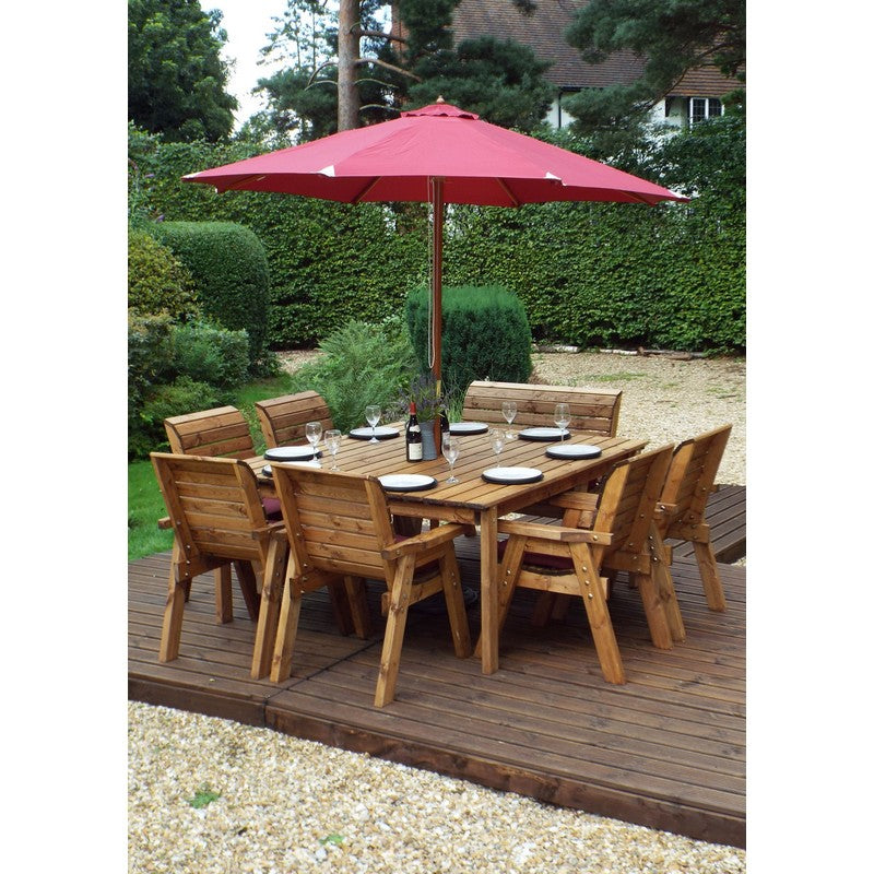 Scandinavian Redwood Garden Patio Dining Set by Charles Taylor - 8 Seats Burgundy Cushions - Croft Home & Garden