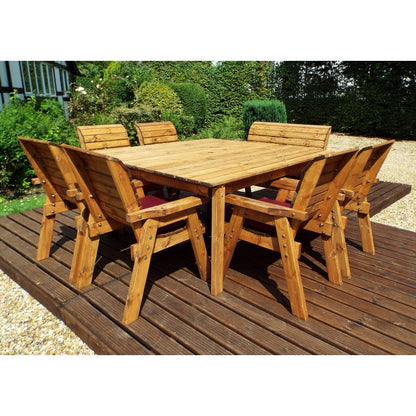 Scandinavian Redwood Garden Patio Dining Set by Charles Taylor - 8 Seats Burgundy Cushions - Croft Home & Garden