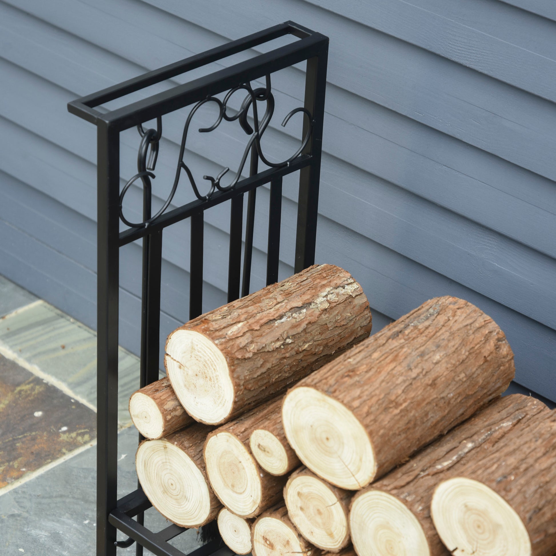 Outsunny Steel Slatted Log Rack w/ Tools Black