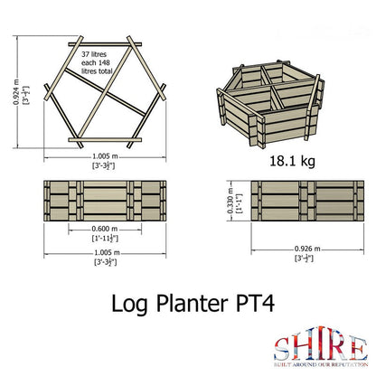 Garden Planter Hexagonal Larch 4 Section Blue Grey by Shire - 1m