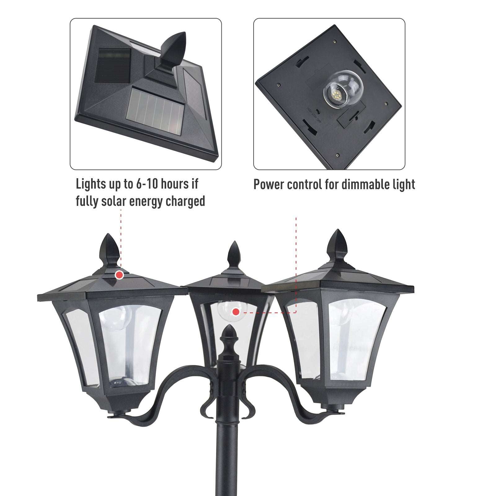 Outsunny 1.8m Traditional Victorian Style 3 Way Head Outdoor Garden Solar Post Lamp Sensor Dimmable LED Lantern Bollard Pathway IP44  Black