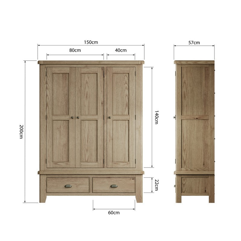 Bondi Tall Wardrobe Oak Natural 3 Doors 2 Drawers