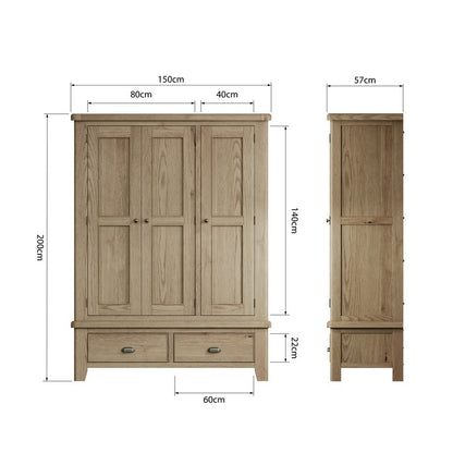 Bondi Tall Wardrobe Oak Natural 3 Doors 2 Drawers