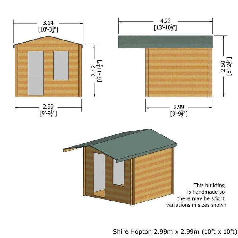 Shire Hopton 9' 9" x 9' 9" Apex Log Cabin - Premium 28mm Cladding Tongue & Groove