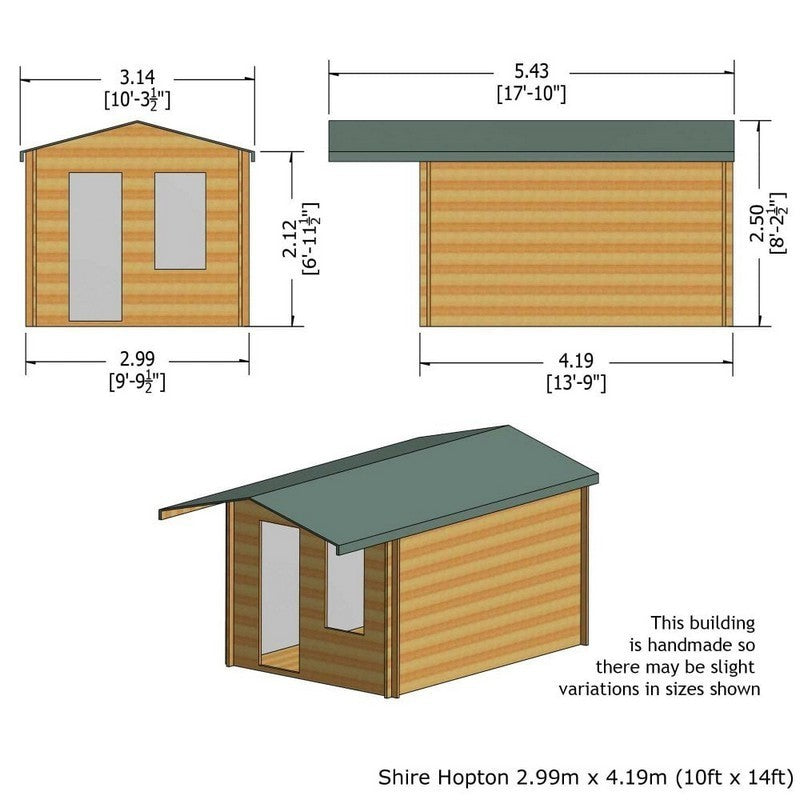 Shire Hopton 9' 9" x 13' 8" Apex Log Cabin - Premium 28mm Cladding Tongue & Groove