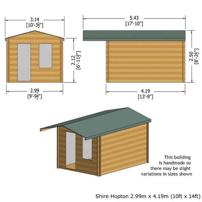 Shire Hopton 9' 9" x 13' 8" Apex Log Cabin - Premium 44mm Cladding Tongue & Groove