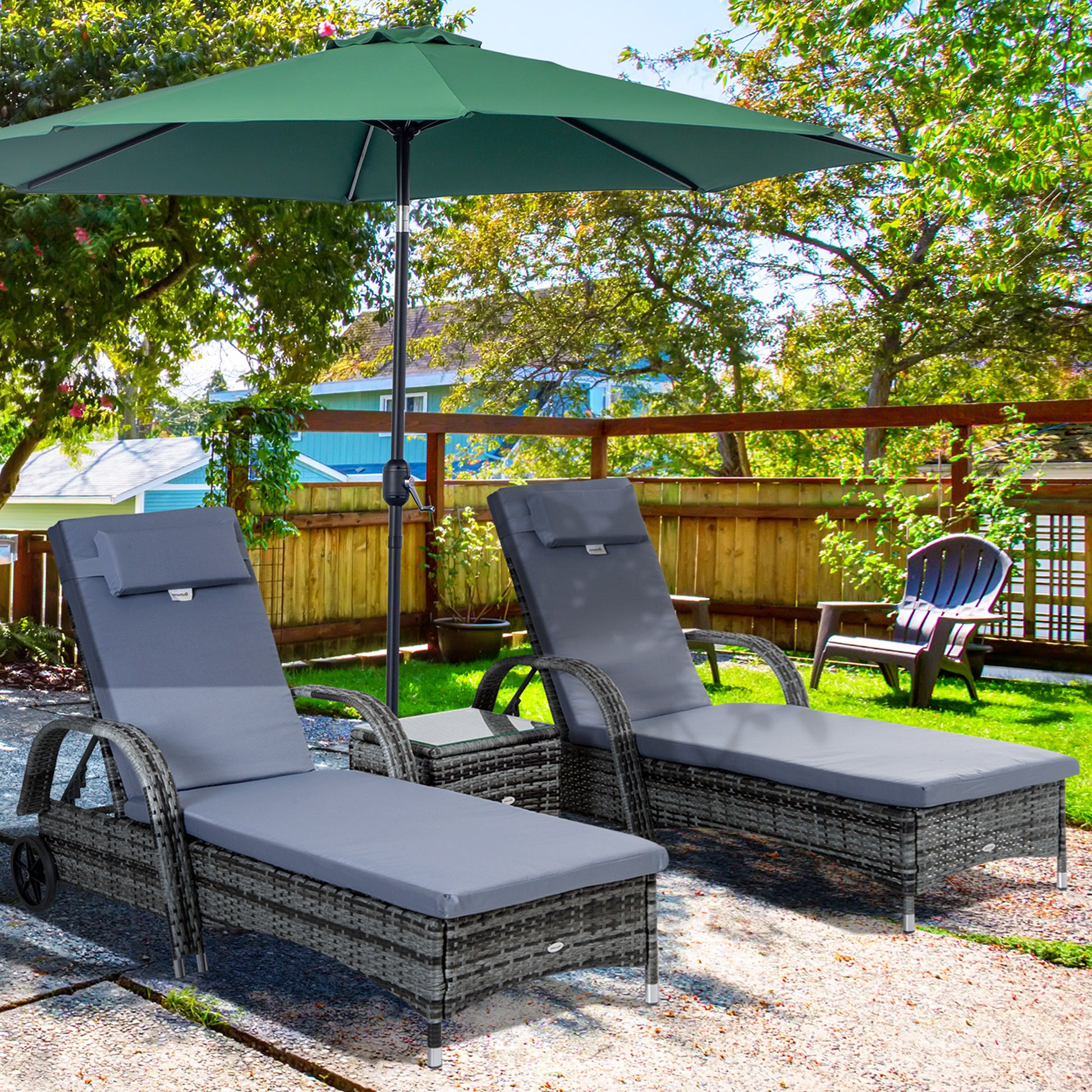 Outsunny Set Of Two Rattan Sun Loungers With Side Table - Grey