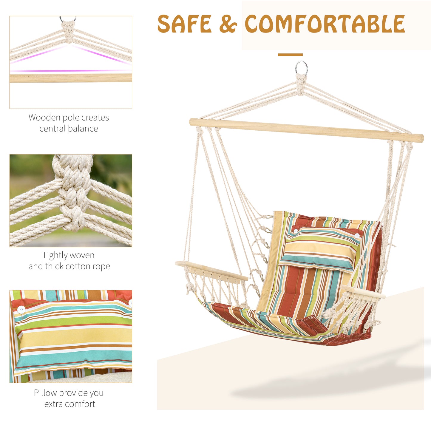 Outsunny Hanging Hammock Chair Swing Chair Thick Rope Frame Safe Wide Seat Indoor Outdoor Home