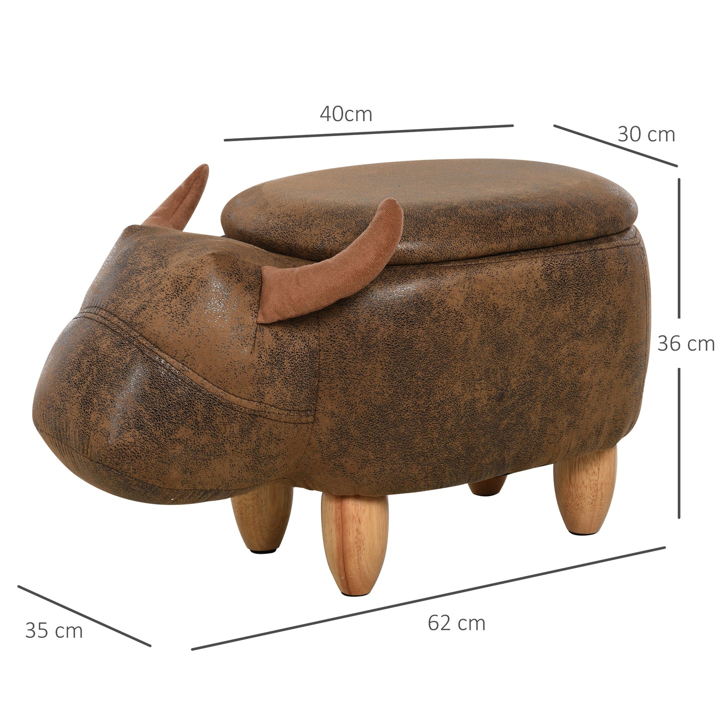 Homcom Animal footstool Buffalo Storage Stool Cute Kids Decoration Wood Frame Legs w/Padding Lid Ottoman Furniture Brown