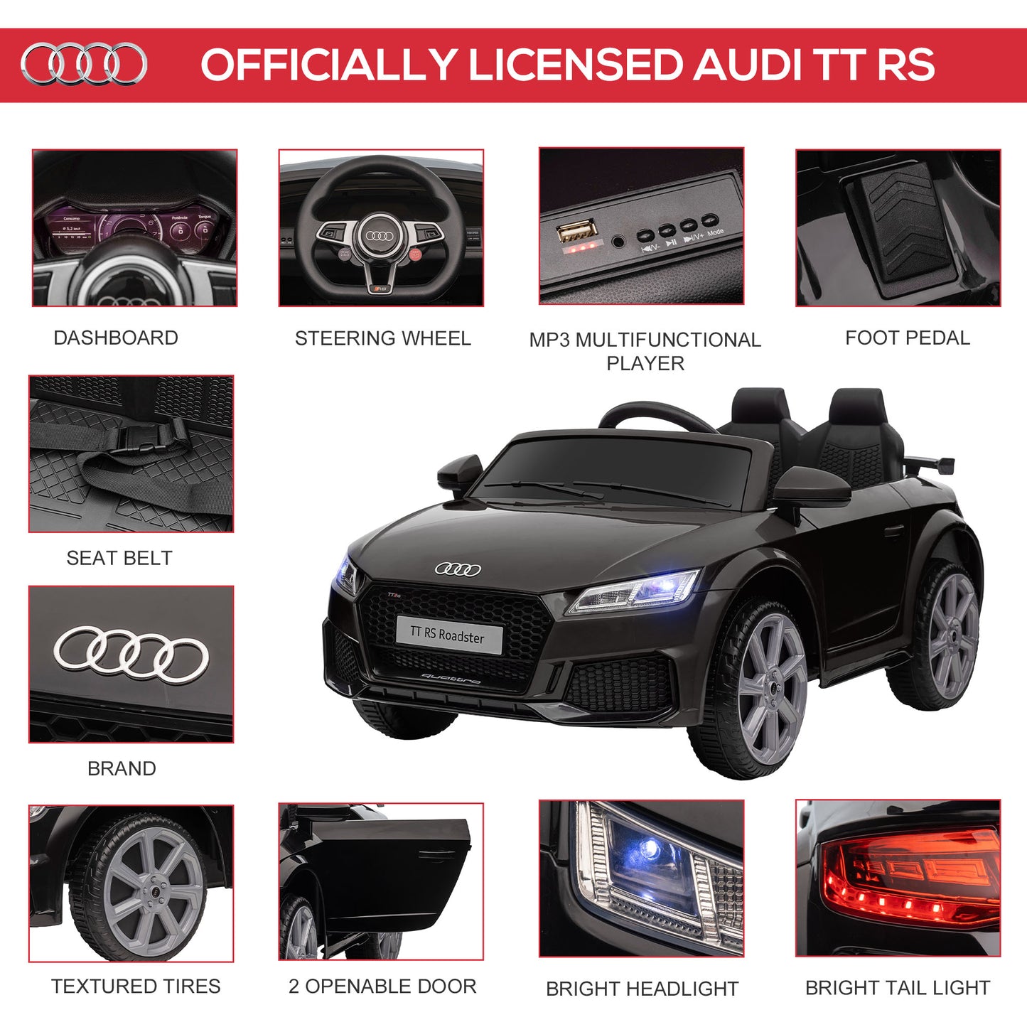 Homcom Kids Licensed Audi TT Ride-On Car 12V Battery w/ Remote Suspension Headlights and MP3 Player 2.5-5km/h Black