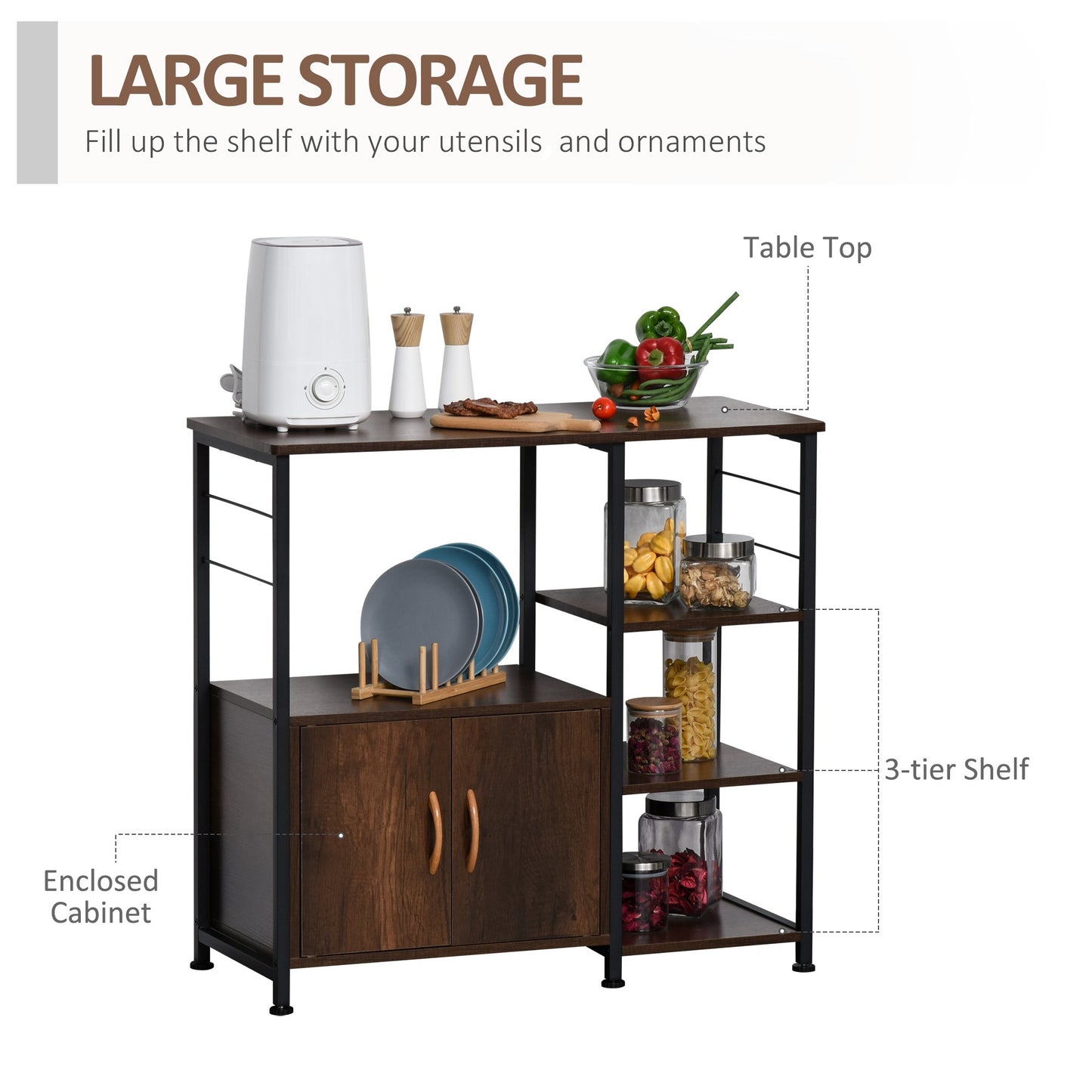 Homcom Industrial Storage Shelf Kitchen Cupboard Sideboard Metal Frame End Desk with Cabinet & Rack for Dining Room