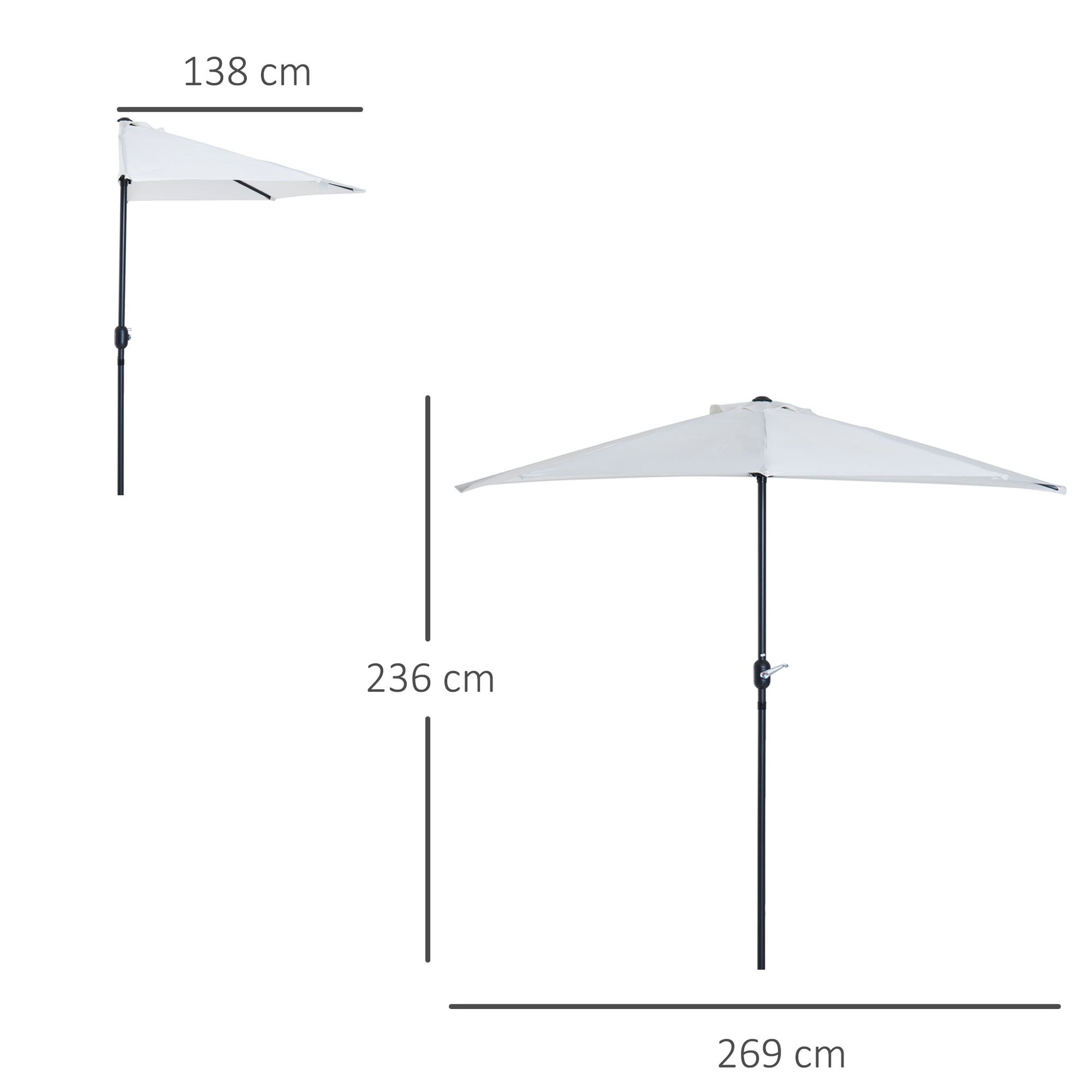 Outsunny 2.7m Balcony Half Parasol 5 Steel Ribs Construction Garden Outdoor Umbrella Cream White