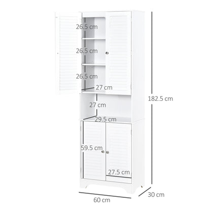 Homcom Tall Freestanding Bathroom Cabinet Retro Shutters W/ 3 Compartments Shelves Elevated Base Narrow Organiser White 60L X 30W X 182.5H cm