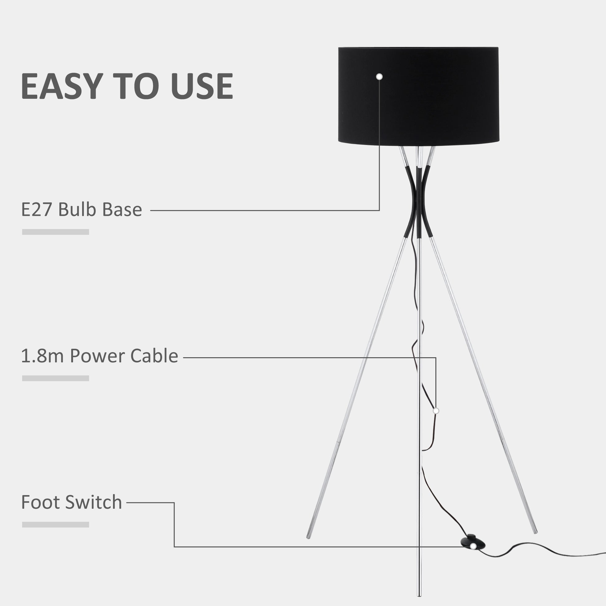 Homcom Tripod Floor Lamp Free Standing Light w/ Metal Frame & E27 Base for Living Room