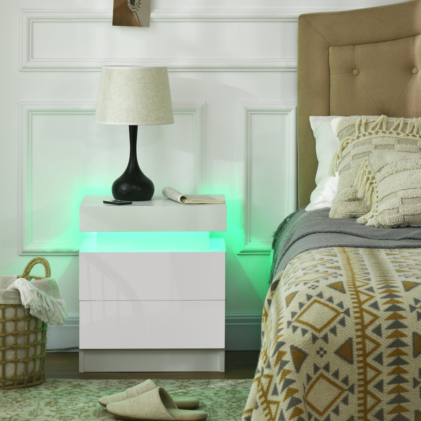 Homcom White Bedside Table with LED Light