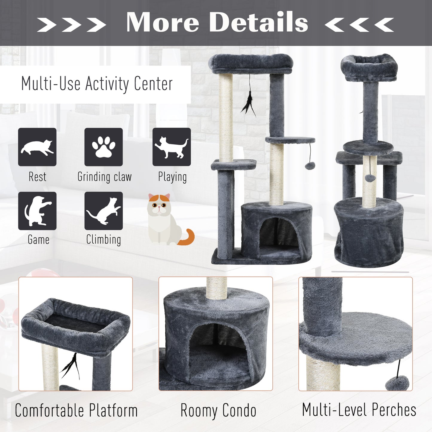 PawHut Cat Tree for Indoor Cats Kitten Tower w/ Perch House Scratching Post Platform Play Ball Plush Covering Play Rest Relax Grey White