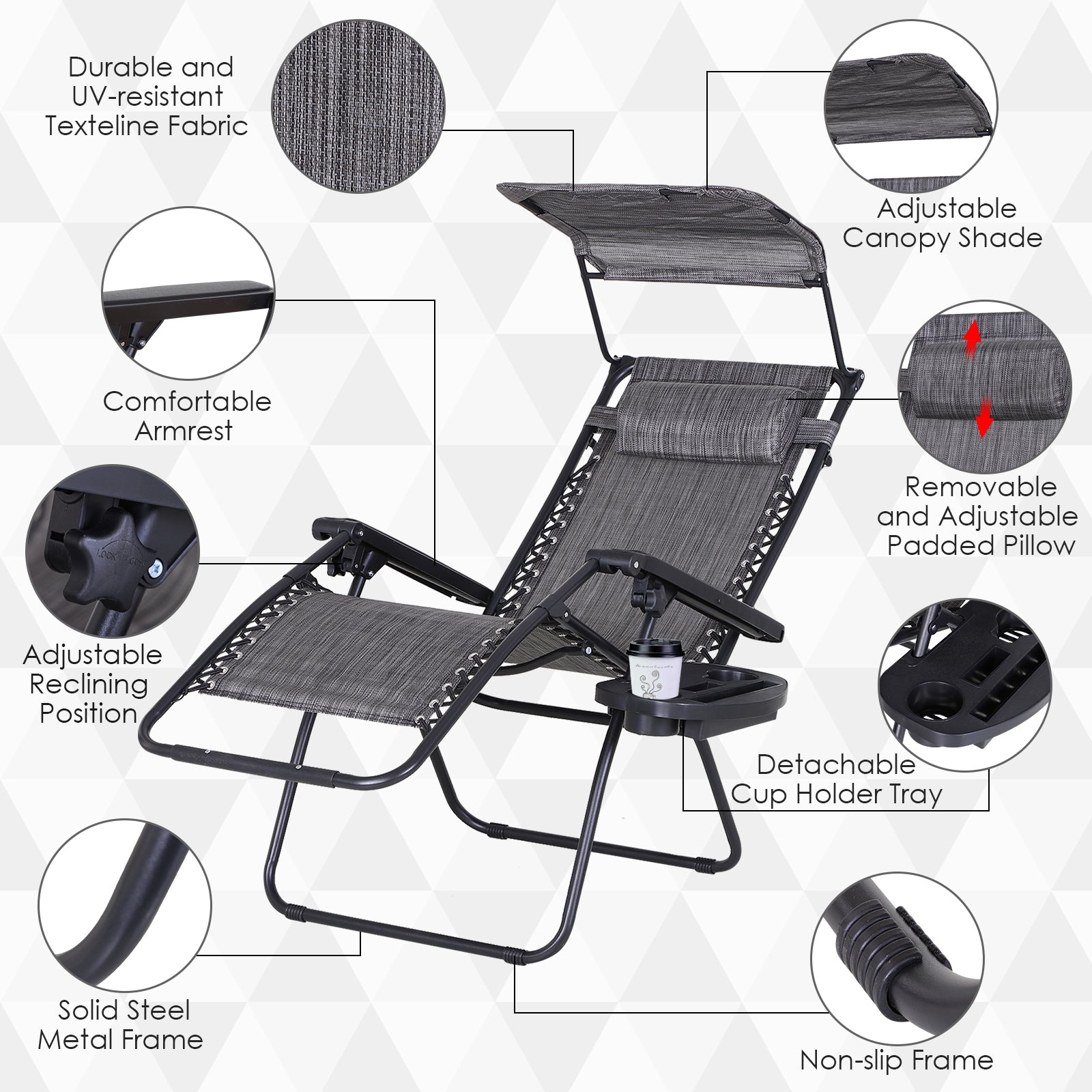 Outsunny Zero Gravity Garden Deck Folding Chair Texteline Patio Sun Adjustable Lounger Reclining Seat with Cup Holder & Canopy Shade - Grey