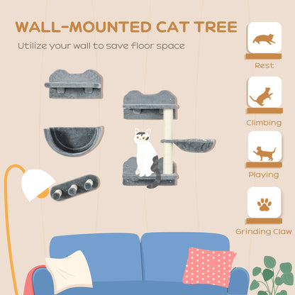 PawHut 4PCs Wall-Mounted Cat Shelves w/ Scratching Post