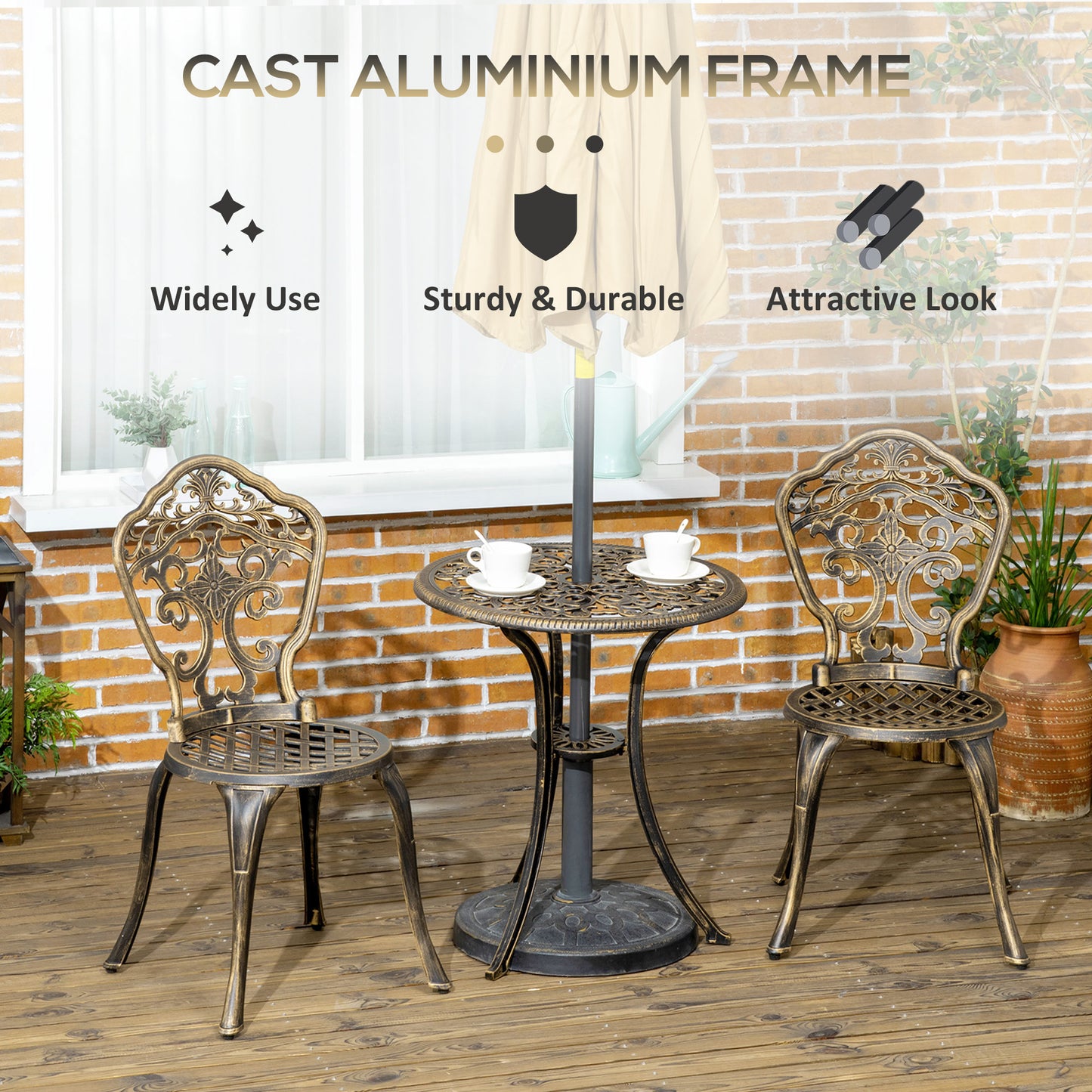 Outsunny 3 Piece Cast Aluminium Garden Bistro Set for 3 with Parasol Hole