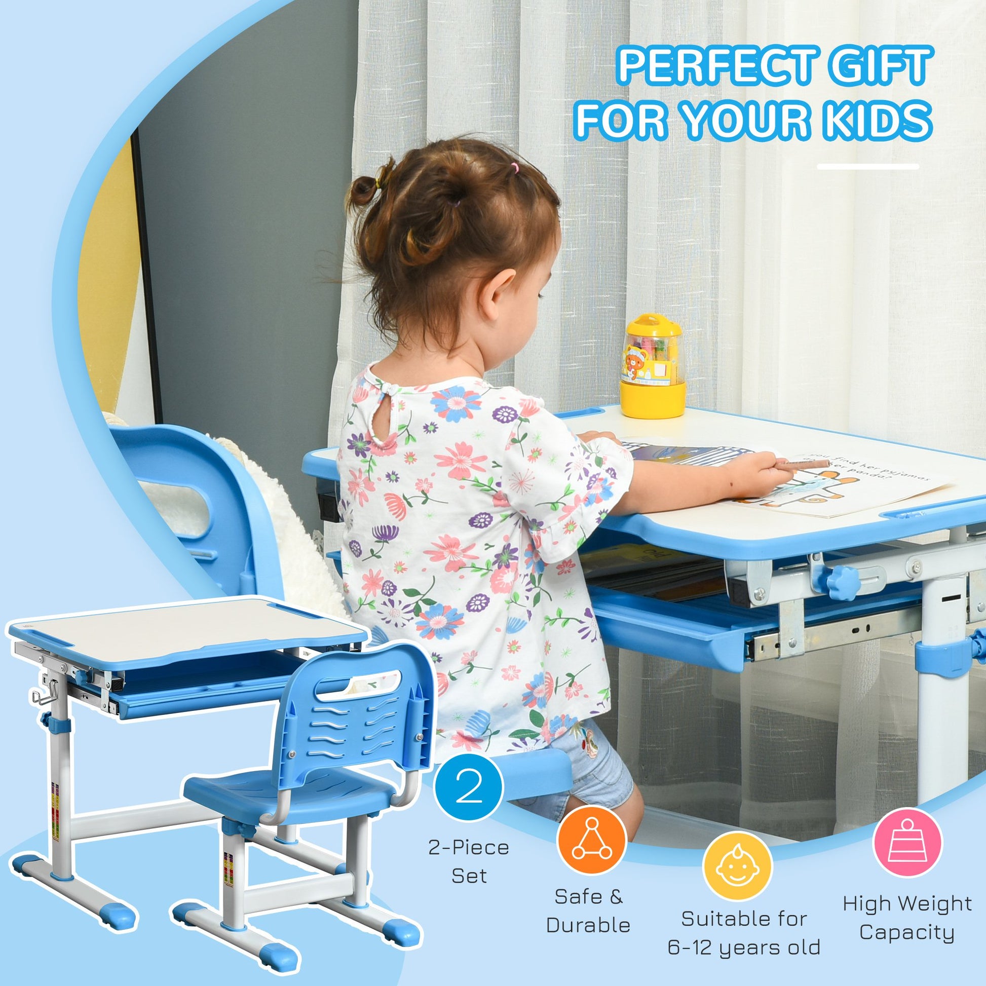 Homcom Kids Desk and Chair Set Height Adjustable Student Writing Desk Children School Study Table with Tiltable Desktop