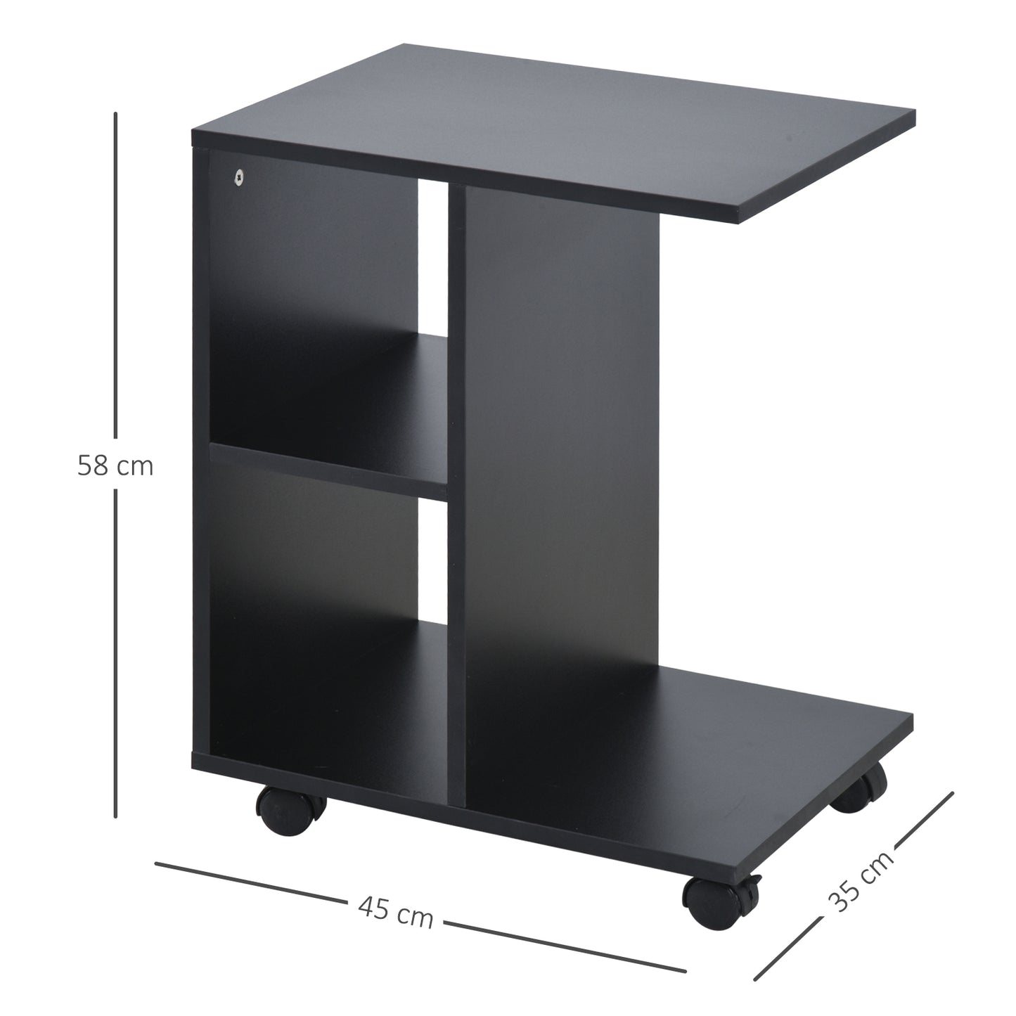 Homcom C-Shape End Table Unique Storage Unit w/ 2 Shelves 4 Wheels Freestanding Home Office Furniture Cabinet Square Studio Black