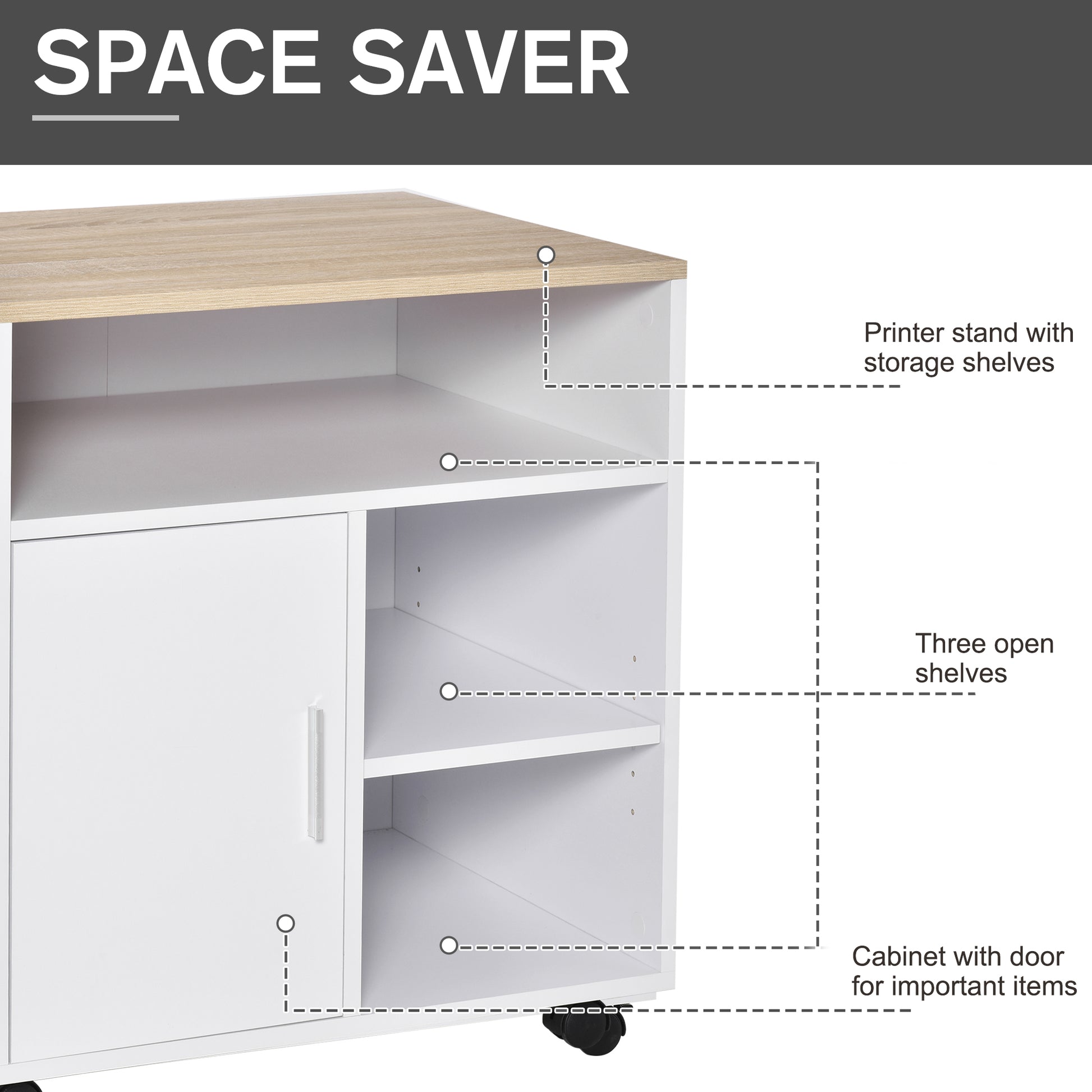 Homcom Multi-Storage Printer Stand Unit Office Desk Side Mobile Storage w/ Wheels Modern Style 60L x 50W x 65.5H cm - Oak