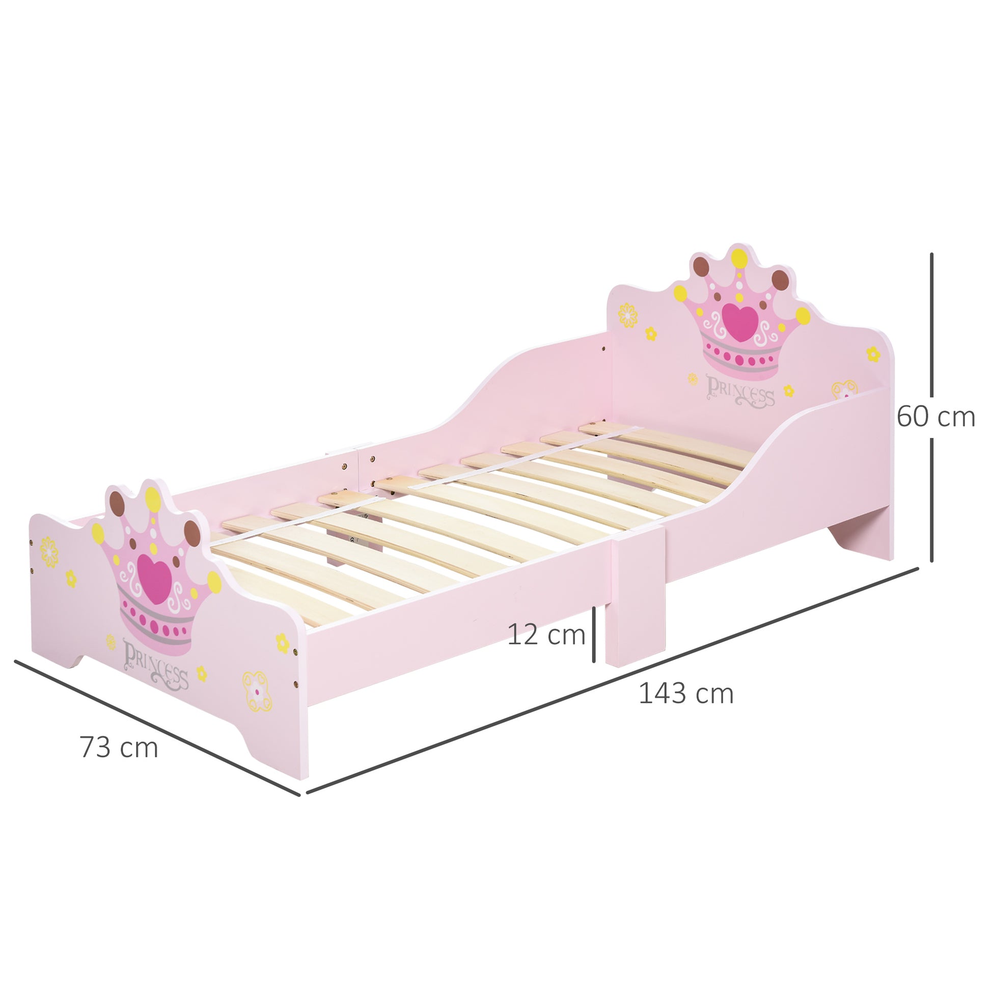 Homcom Kids Toddler Bed Princess Crown Theme Safety Side Rails Slats Home Bedroom Furniture Boys Girls 3-6 Yrs Pink 143 x 73 x 60 cm