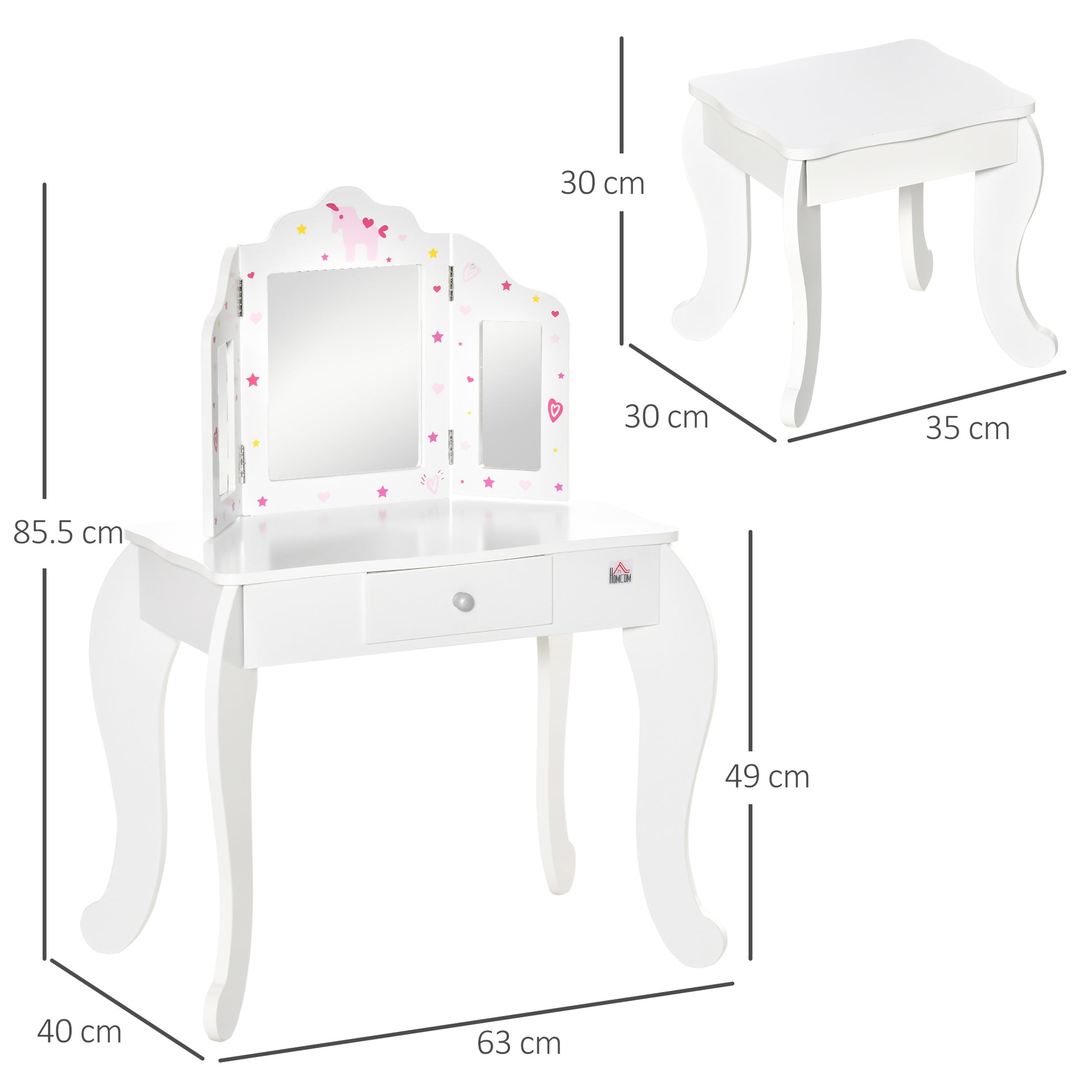 Homcom Kids Vanity Table & Stool Girls Dressing Set Make Up Desk Chair Dresser Play Set With Rotatable Mirrors Drawer Star & Heart Pattern White