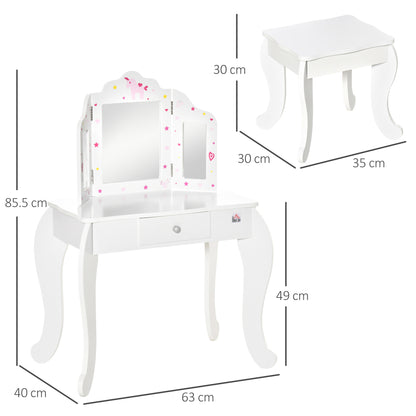 Homcom Kids Vanity Table & Stool Girls Dressing Set Make Up Desk Chair Dresser Play Set With Rotatable Mirrors Drawer Star & Heart Pattern White