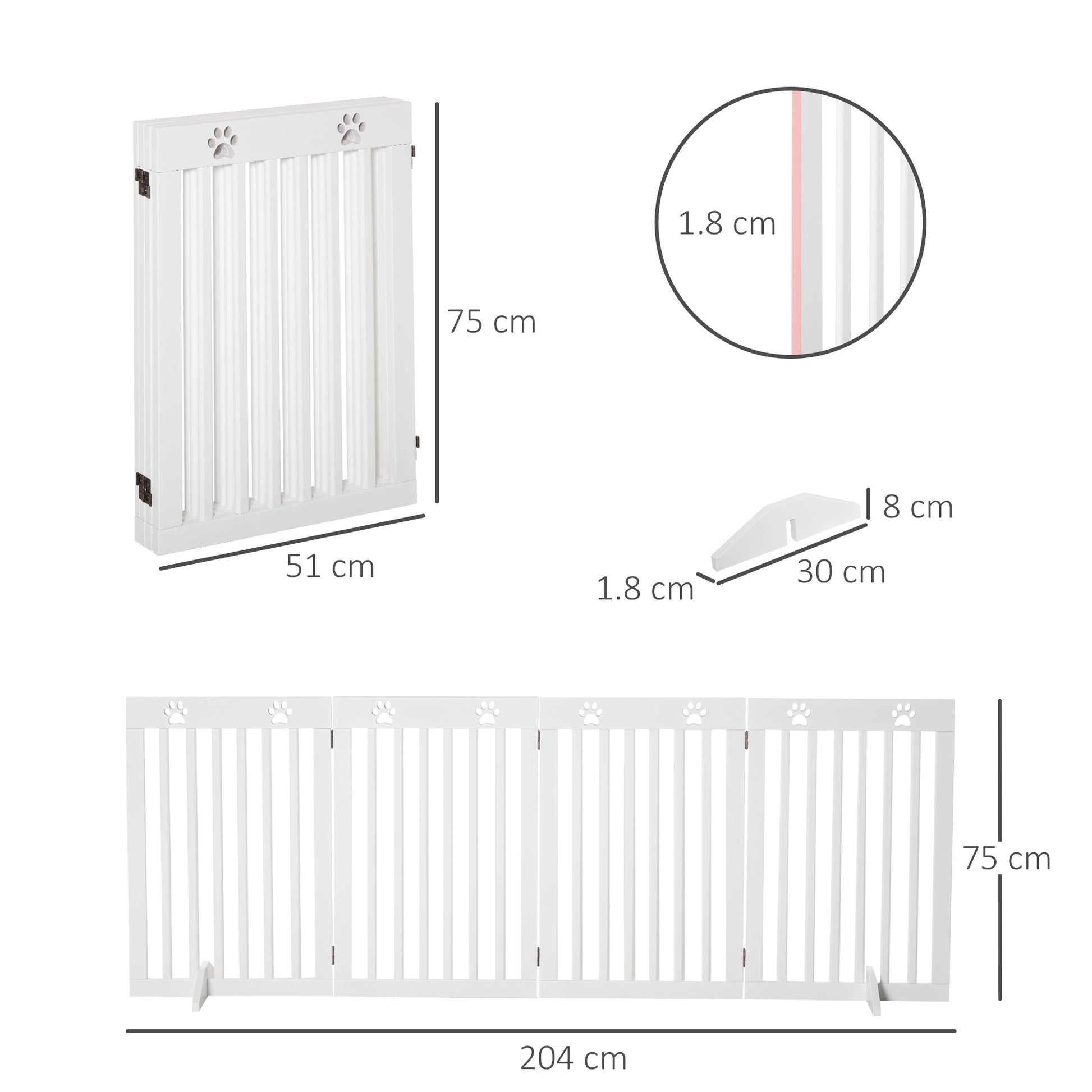 PawHut Wooden Pet Gate Foldable Freestanding Dog Safety Barrier w/ Support Feet