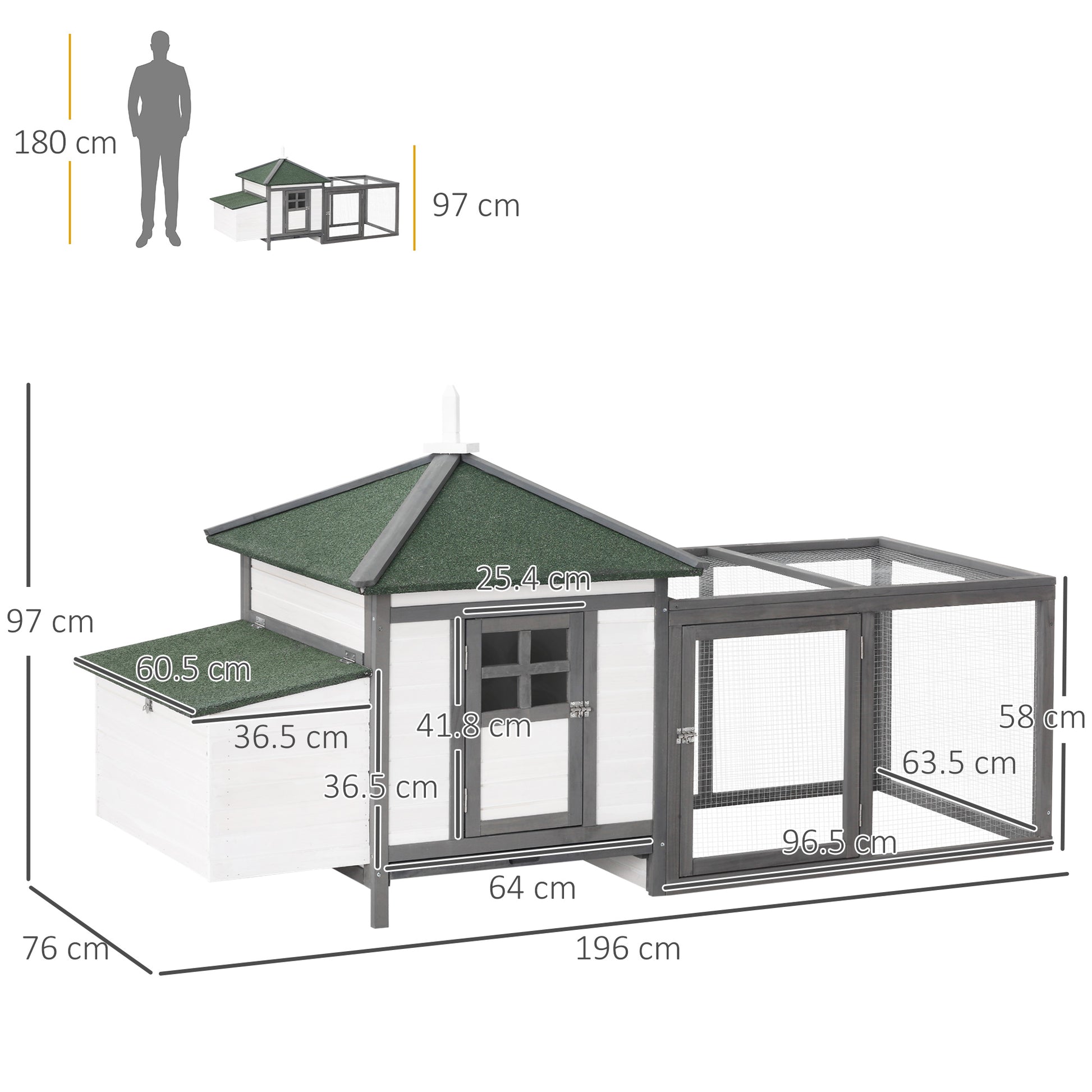 PawHut Chicken Coop with Run Hen House Poultry Coops Cages Pen Outdoor Backyard with Nesting Box 196 x 76 x 97cm Grey