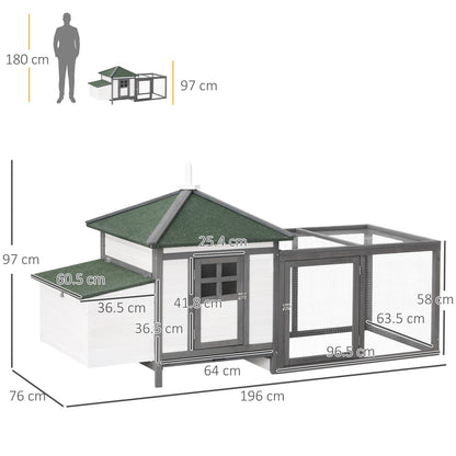 PawHut Chicken Coop with Run Hen House Poultry Coops Cages Pen Outdoor Backyard with Nesting Box 196 x 76 x 97cm Grey