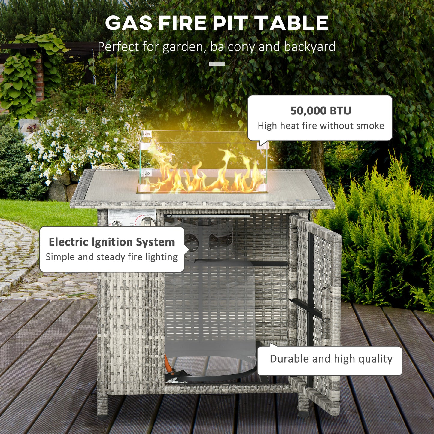 Outsunny Outdoor PE Rattan Gas Fire Pit Table