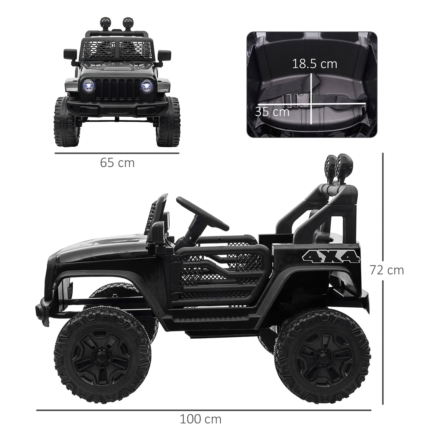 Homcom 12V Battery-powered 2 Motors Kids Electric Ride On Car Truck Off-road Toy with Parental Remote Control Horn Lights Suspension Wheels for 3-6 Years Old Black