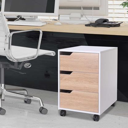 Homcom Medium-density fibreboard Mobile File Cabinet w/ 3 Drawers Locking Wheels Metal Rails Oak Tone White